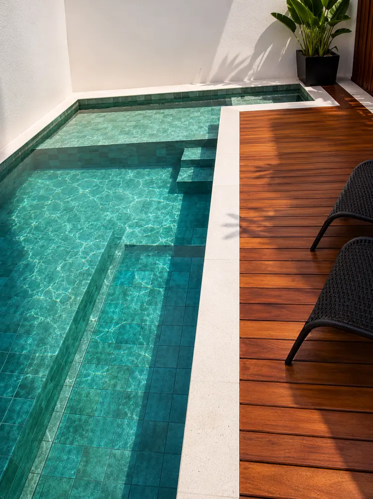 Piscina com borda clara em cimento e deck de madeira.